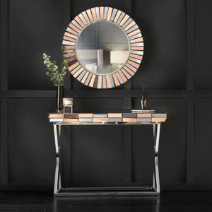 CARME HOME 2-Piece Set Knightsbridge Collection - Round 3D Glass Effect Wall Mirror and Mirrored Console Table with Chrome Cross Legs - Gold - Rosegold