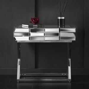 CARME HOME Knightsbridge - Luxury Mirrored Side Table 3D Glass Effect Design With Drawer Chrome Crossed Legs Bedroom Living Room Furniture (Grey Silver) - Grey