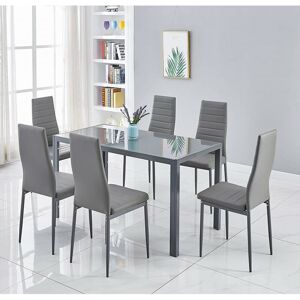 All grey glass dining table and 6 grey faux leather chairs (Grey, Table with 6 chairs) - Dark Grey - Kosy Koala