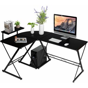 Costway - L-Shaped Corner Computer Desk pc Table Workstation w/ Monitor Stand & Host Tray