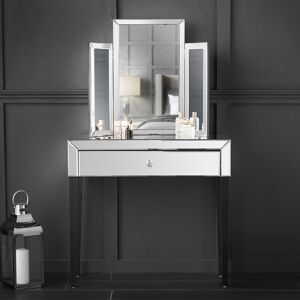 Carme Home - 2-Piece Set Laguna x Paloma Silver Luxury Mirrored Dressing Console Table With Storage 1 Drawer Jewellery Makeup Organiser And Tri-fold