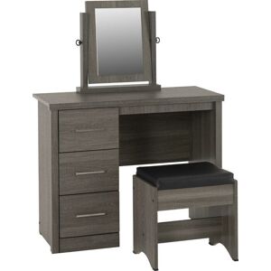 SECONIQUE Lisbon Black Wood Grain 3 Drawer Dressing Table Set Mirror Stool