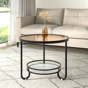 LIVINGANDHOME Black 2 Tier Round Glass and Slate Coffee Table