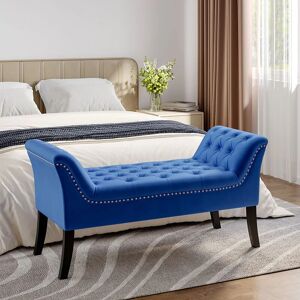 Livingandhome - Blue Velvet Buttoned Bench with Black Wood Legs