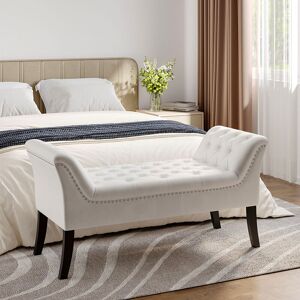 LIVINGANDHOME Creamy White Velvet Buttoned Bench with Black Wood Legs