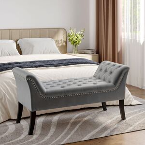 LIVINGANDHOME Grey Velvet Buttoned Bench with Black Wood Legs