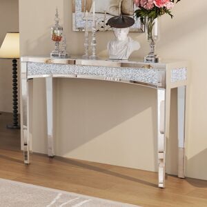 UNHO Mirrored Desk Silver Console Table Mirror Sofa Table with Crystal Inlay for Living Room, Entryway, Foyer, 48 Inch