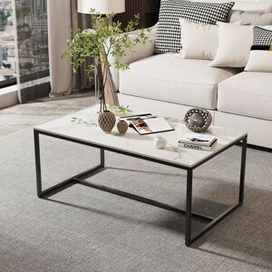 UNHO Modern Coffee Rea Table Rectangle Marble Top Table Storage Living Room Furniture, Black - White