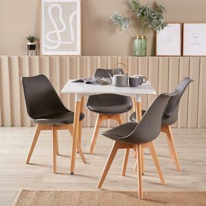 Faro Barcelona - Modern White Kitchen or Dining Table Set 80cm 4 Padded Grey Chairs Wooden Legs - White