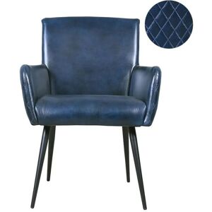 URBAN DECO Navy Blue Set of 2 Dining Armchair, Genuine Leather with Metal Legs - Navy Blue and Black