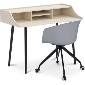 PRIVATEFLOOR Wooden Desk - Scandinavian Design - Torkel + Designer Office Chair - Joan Grey - Grey