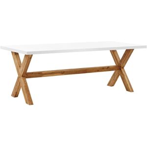 BELIANI Garden Dining Table White Concrete Tabletop Acacia Wood Legs 200 x 100 cm Olbia - White