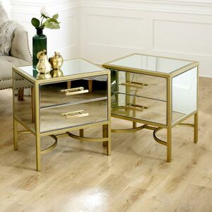 MELODY MAISON Pair of Gold Mirrored Bedside / Occasional Tables - Venus Range - Gold