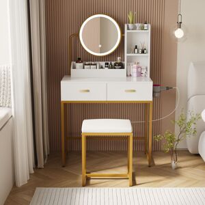 PULUOMIS Dressing Table with led Lights, Vanity Table with Adjustable Brightness Mirror, Makeup Desk with 2 Large Drawers and Hair Dryer Rack, Cushioned