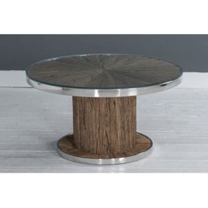 URBAN DECO Railway Sleeper Wood Round Pedestal Coffee Table with Glass Top,Tea Table for Living Room - brown