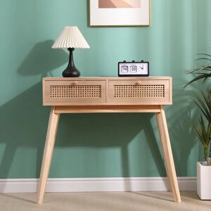 SPOT ON DEALZ Rattan 2 Drawer Console Table Living Room Bedroom Furniture Pine Wood Legs - Natural