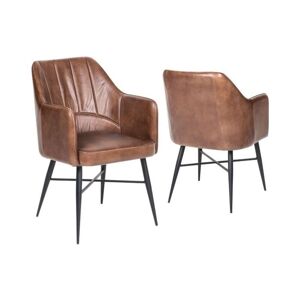 URBAN DECO Real Leather Stone Brown With Arm Set of 2 Dining Chair - brown