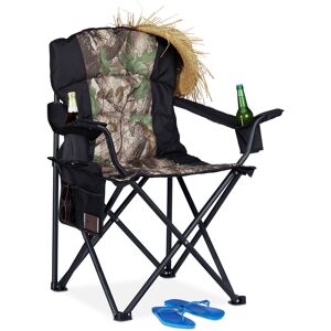 Camping Chair, Foldable Fishing Chair With Side Pocket & 2 Drink Holders, Portable, 113 kg Capacity, Black-Green - Relaxdays