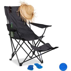 Camping Chair with Footrest, Folding Fishing Seat with Drink Holder & Armrests, Up to 120 kg, Black - Relaxdays