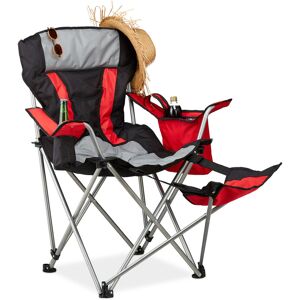 Camping Chair with Footrest, Folding Fishing Seat with Drink Holder & Colder, 150 kg Capacity, Black-Red - Relaxdays