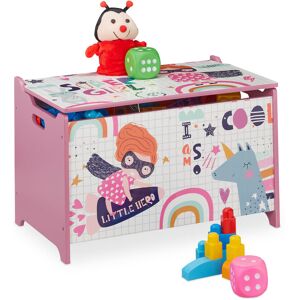 Toy Chest, Little Hero Motif, Storage Box, hwd 39 x 60 x 36.5 cm, Children's Container, Sturdy mdf, White/pink - Relaxdays