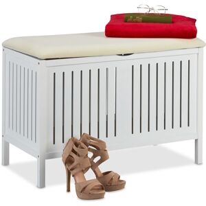 Bench with Storage, Padded, 80 l Compartment, Country Style, Wood, Chest HxWxD: 56 x 78 x 39 cm, White - Relaxdays