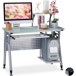 Computer Desk Glass, Keyboard Tray & Shelf For Desktop pc, hwd: 98 x 105 x 55 cm, Modern Office, White - Relaxdays