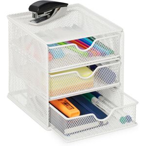 Relaxdays - Desk Organiser, 3 Compartments, Drawers, Mesh Design, h x w x d: 17 x 16 x 17 cm, Metal, White