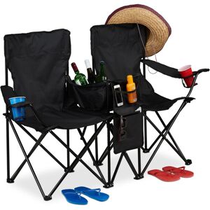 Double Camping Chair, Portable Fishing Seat with Drink Holders, Cooler, Pouches, Folding, Black - Relaxdays