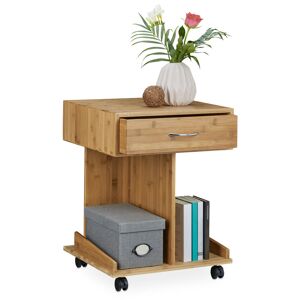 Rolli Bamboo Side Table with Wheels, Drawer, 2 Shelves for Books, HxWxD: ca 56.5 x 43 x 46 cm, Natural Brown - Relaxdays