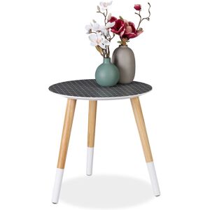 Round Side Table with Decorative Pattern, Low Wooden Tripod Table, HxD 40.5x40cm, Black/White/Natural - Relaxdays