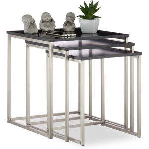 Relaxdays Set of 3 Square Side Tables, Matt Steel Frame, Coffee Tables, MDF, HxWxD: 42x40x40 cm, Black/Silver