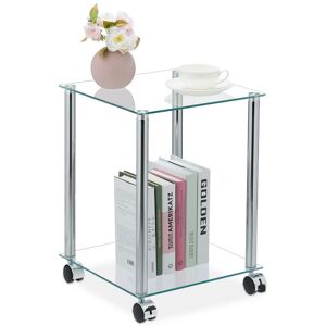 Side Table, Two Shelves, h x w x d: approx. 46 x 34 x 34 cm, Glass and Steel, Transparent/Silver - Relaxdays