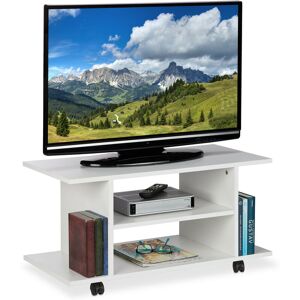 Tv Stand with Casters, 4 Open Compartments, Mobile Coffee Table for Devices, DVDs, hwd 40 x 80 x 40 cm, White - Relaxdays