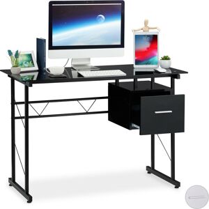 Writing Desk, Modern Office Table with Glass Tabletop and Side Drawer, hwd 75 x 110 x 55 cm, Black - Relaxdays