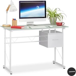Writing Desk, Modern Office Table with Glass Tabletop and Side Drawer, hwd 75 x 110 x 55 cm, White - Relaxdays
