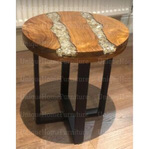 UNIQUEHOMEFURNITURE Round Side Table Vintage Industrial End Small Solid Wood Crushed Glass Stand