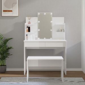 BERKFIELD HOME Royalton Dressing Table Set with led High Gloss White Engineered Wood