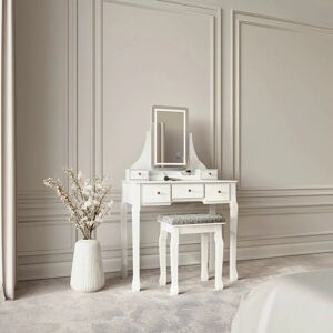 Carme Home - Savannah - White Dressing Table with Touch Mirror led Light 5 Drawers Stool Set Vanity Dresser Bedroom Furniture Makeup Jewellery