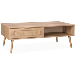 SWEEEK Wood and rounded cane rattan coffee table, 110x59x39cm, Eva, 1 drawer, 2 storage spaces - Natural