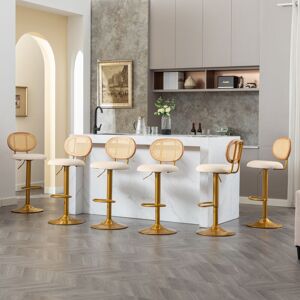 MODERNLUXE Set of 6 swivel bar stools with woven backrest - height adjustable - Beige & Gold
