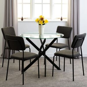 SECONIQUE Sheldon Round Clear Glass Top Dining Set with 4 Boucle Grey Fabric Chairs