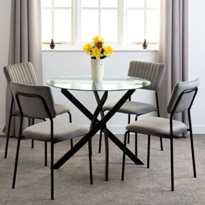 SECONIQUE Sheldon Round Clear Glass Top Dining Set with 4 Grey Velvet Fabric Chairs