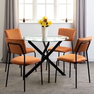 SECONIQUE Sheldon Round Clear Glass Top Dining Set with 4 Orange Fabric Chairs