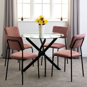 SECONIQUE Sheldon Round Clear Glass Top Dining Set with 4 Pink Fabric Chairs