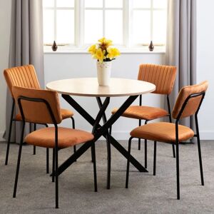 SECONIQUE Sheldon Round Wooden Top Dining Set with 4 Orange Fabric Chairs