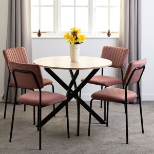 SECONIQUE Sheldon Round Wooden Top Dining Set with 4 Pink Velvet Fabric Chairs