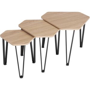 TECTAKE Side Table Set Torquay 3 piece hexagonal table collection - Set of 3 side tables, coffee table, sofa table - industrial wood light, oak Sonoma