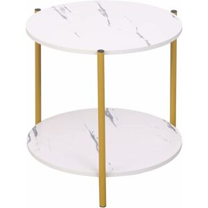 NICEME Small Table Round End Table with 2 Tiers, Small Coffee Table Side Table with White Marble Texture (White, 39.5x39.5x42 cm)