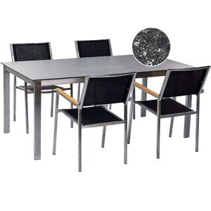 BELIANI Stainless Steel Modern 4 Seater Garden Dining Set Table Glass Top Granite Effect Textilene Chairs Black Cosoleto/Grossero - Black